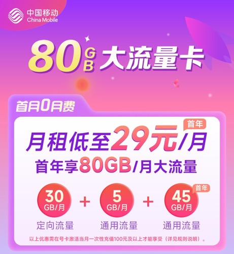广东移动-宝藏卡29元80G（30G定向+50G通用）