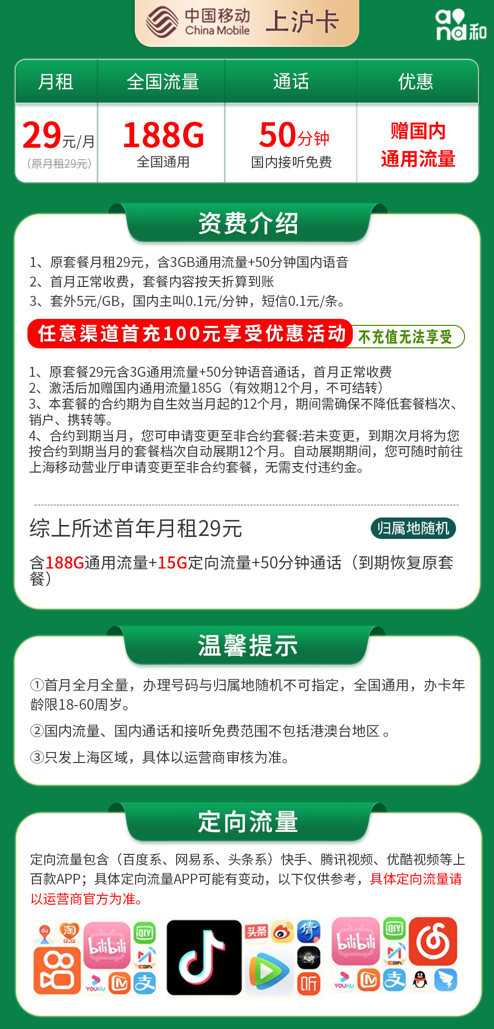 移动上沪卡29元188G+50分钟【只发上海】  第2张