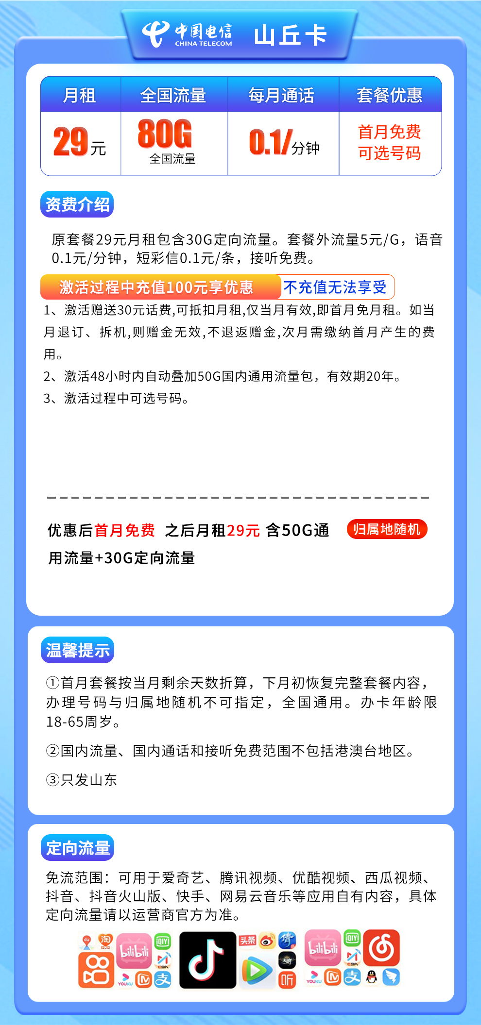 电信山丘卡29元80G【只发山东省内】长期套餐  第2张
